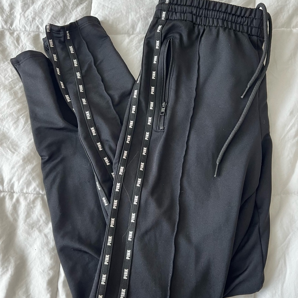 PINK Victoria's Secret Black Joggers with Logo Stripes